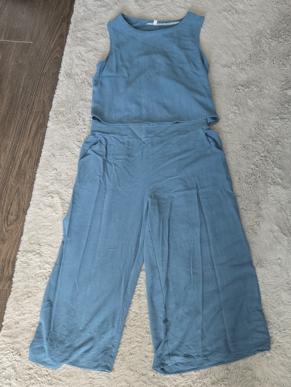 Blue Sleeveless Crop Top & Wide-Leg Pants Set